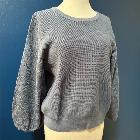 NWT Adrianna Papell Crew Neck Sweater with 3/4 Mesh Sleeves Dusty Blue Sz Large - Picture 2 of 9